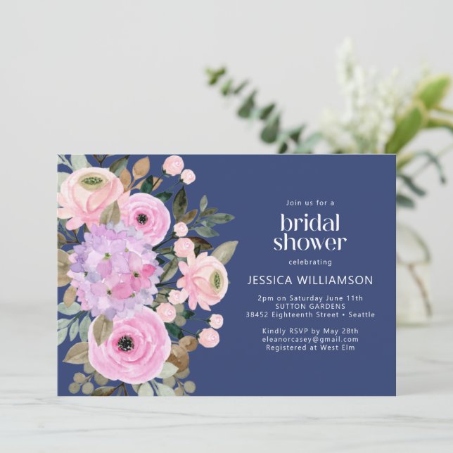 Invitation Fête des mariées florale Boho bleu rose pourpre pe (Debout devant)