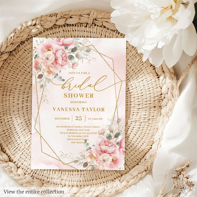 Invitation Fête des mariées florale Boho Blush Rose or tendan (Trendy Boho Blush Pink Gold Floral Bridal Shower Invitation)