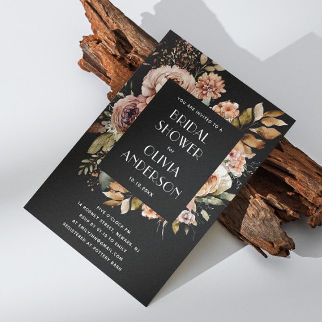 Invitation Fête des mariées florale Boho | Élégant noir rusti (Créateur téléchargé)