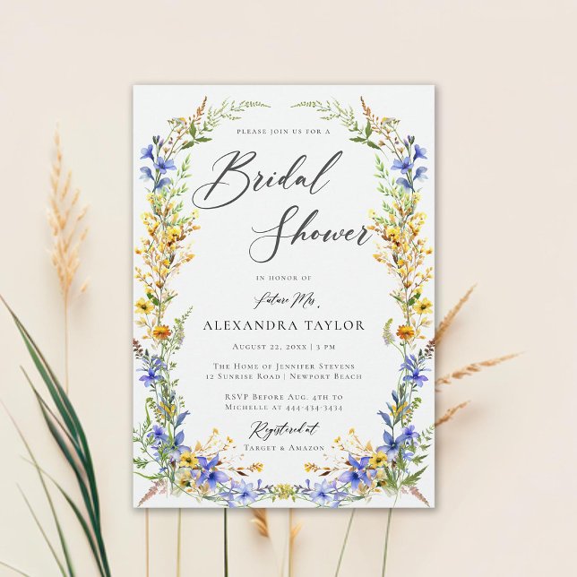 Invitation Fête des mariées florale Boho Fleur sauvage jaune (yellow wildflowers bridal shower invitation elegant rustic modern boho romantic floral frame)