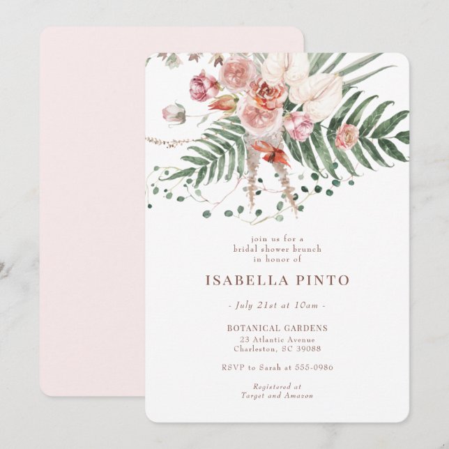 Invitation Fête des mariées florale Boho Tropical Rose (Devant / Derrière)