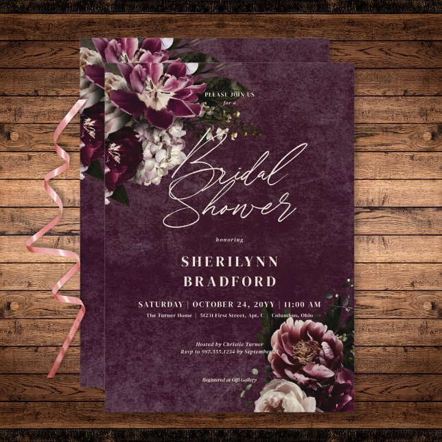 Invitation Fête des mariées florale bordeaux et blanc foncé (Dark Elegant Burgundy & White Floral Bridal Shower Invitation)