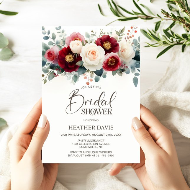 Invitation Fête des mariées florale bordeaux et blanche (Créateur téléchargé)