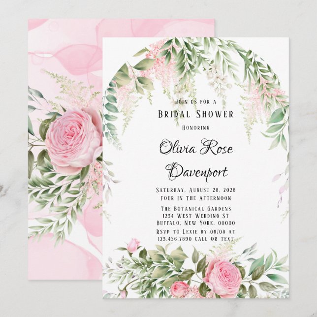 Invitation Fête des mariées florale Botanique Rose Wisteria (Devant / Derrière)