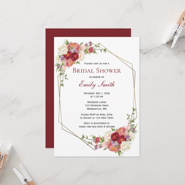 Invitation Fête des mariées florale Bourgogne Blush Gold Fram (Devant/Arrière en situation)