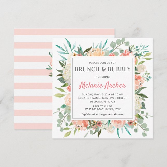 Invitation Fête des mariées florale Brunch Bubbly Spring Peac (Devant / Derrière)