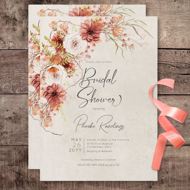 Invitation Fête des mariées florale Burning Orange & Cream Bo (Burnt Orange & Cream Boho Floral Bridal Shower Invitation)