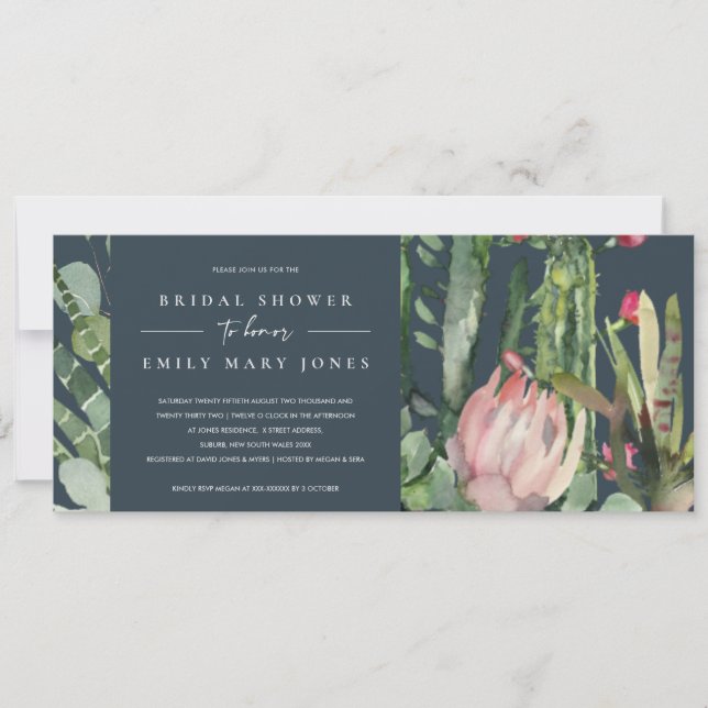 INVITATION FÊTE DES MARIÉES FLORALE CACTI DE BOHO NAVY ROK (Devant)