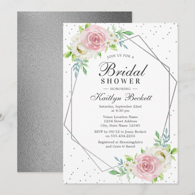 Invitation Fête des mariées florale chic géométrique en argen (Devant / Derrière)