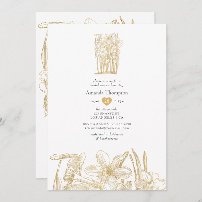 Invitation Fête des mariées florale chic or (Devant / Derrière)