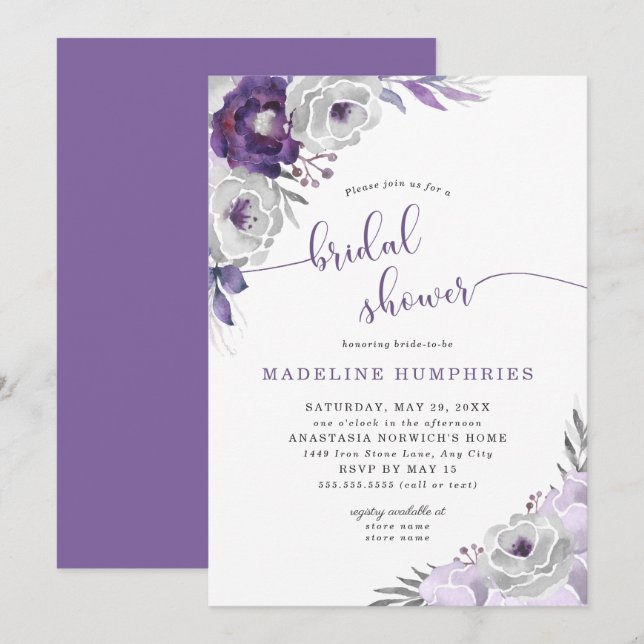 Invitation Fête des mariées florale chic violet d'argent (Devant / Derrière)