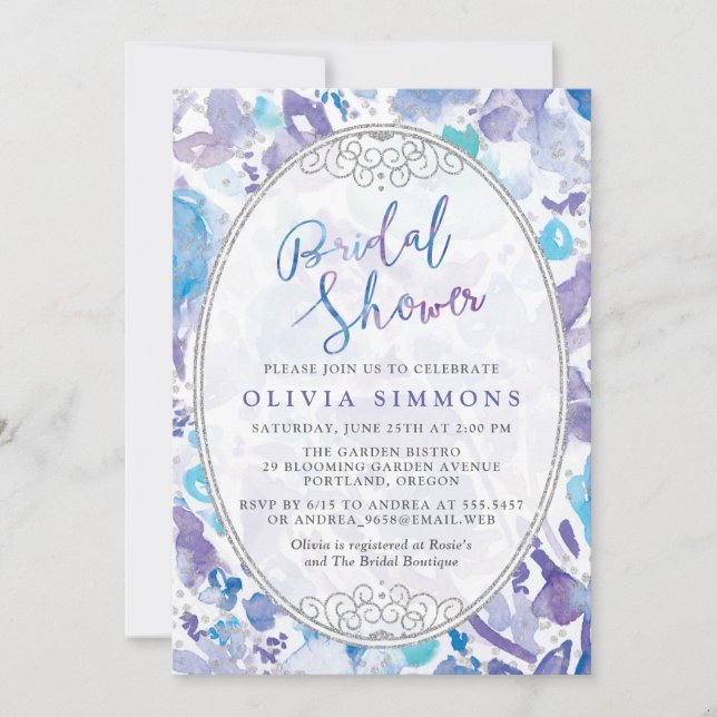 Invitation Fête des mariées florale chic violet et bleu (Devant)