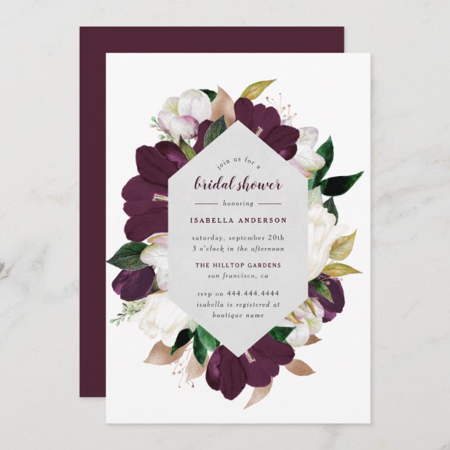 Invitation Fête des mariées florale classique or et prune pou (Devant / Derrière)