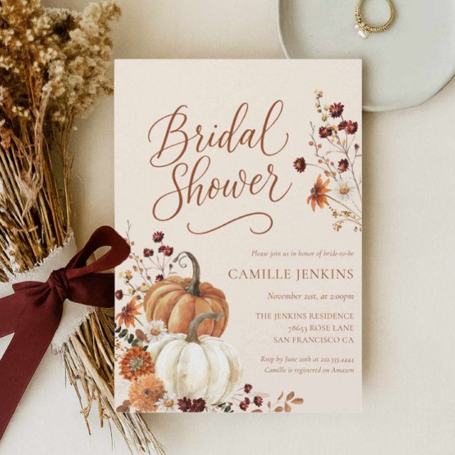 Invitation Fête des mariées florale de automne rustique (Rustic Orange Pumpkin Fall Bridal Shower invitation)