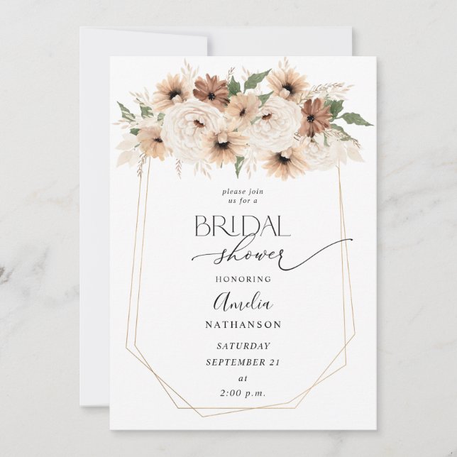 Invitation Fête des mariées florale de Boho neutre rustique (Devant)