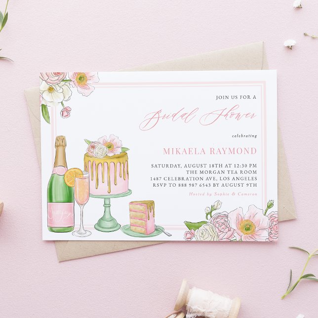 Invitation Fête des mariées florale de gâteau au champagne et (Créateur téléchargé)