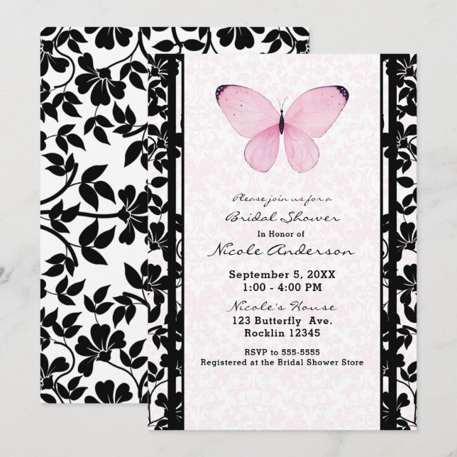 Invitation Fête des mariées florale de papillon noir et rose (Devant / Derrière)