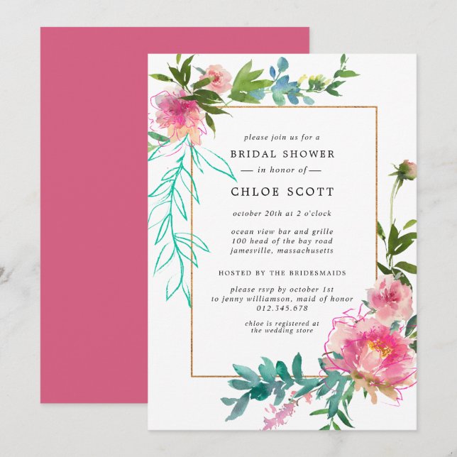 Invitation Fête des mariées florale de Peony rose (Devant / Derrière)