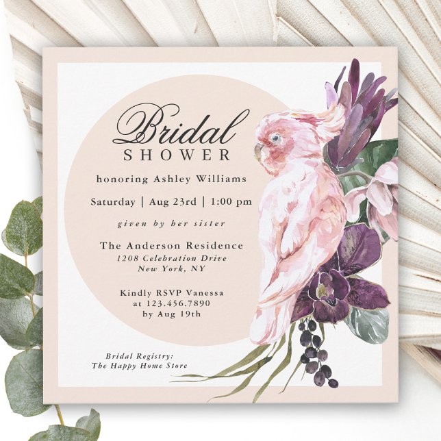 Invitation Fête des mariées florale de perroquet rose de Boho (Créateur téléchargé)