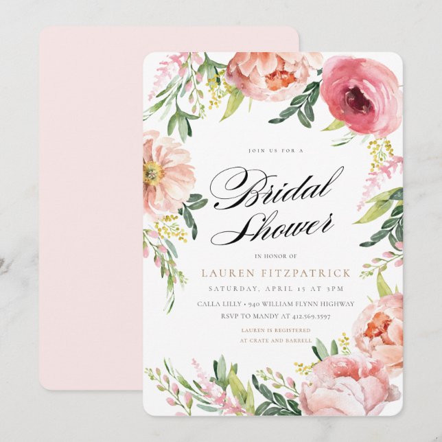 Invitation Fête des mariées florale de pivoine rose pâle (Devant / Derrière)
