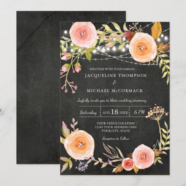 Invitation Fête des mariées florale de tableau noir (Devant / Derrière)