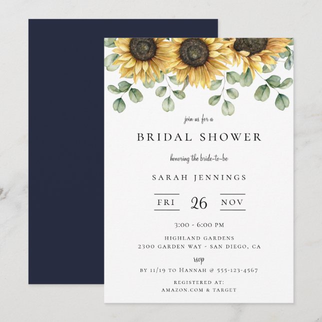 Invitation Fête des mariées florale de tournesol Eucalyptus (Devant / Derrière)