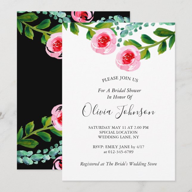 Invitation Fête des mariées florale d'Eucalyptus blanc noir (Devant / Derrière)