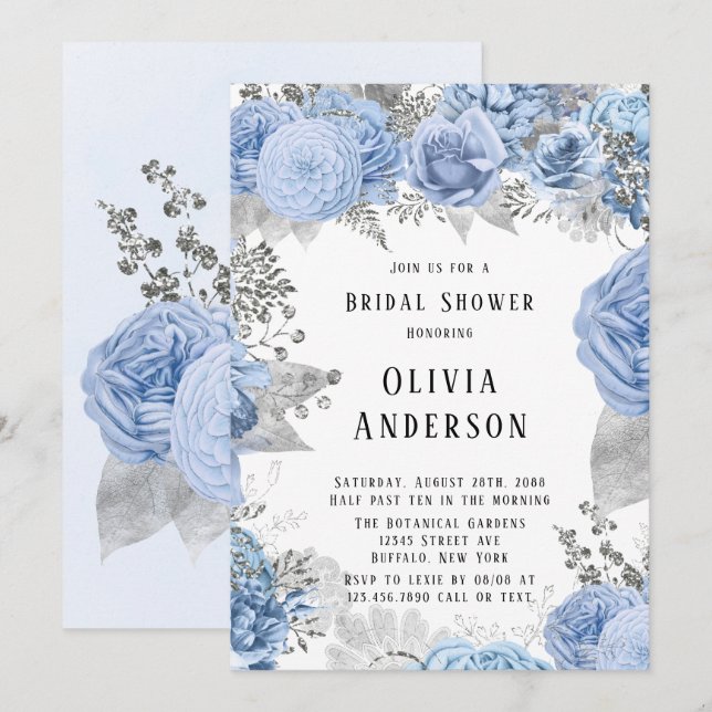 Invitation Fête des mariées florale Dusty Blue et Silver Invi (Devant / Derrière)