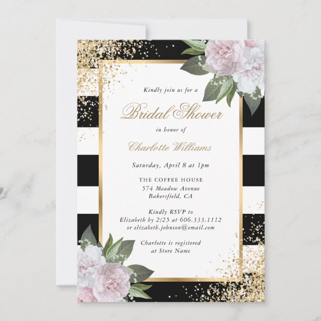 Invitation Fête des mariées florale en or blanc noir rose (Devant)