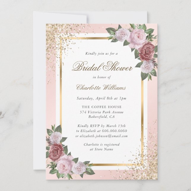 Invitation Fête des mariées florale en or rose Confetti (Devant)