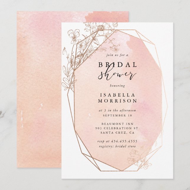 Invitation Fête des mariées florale Géométrique en or rose pâ (Devant / Derrière)