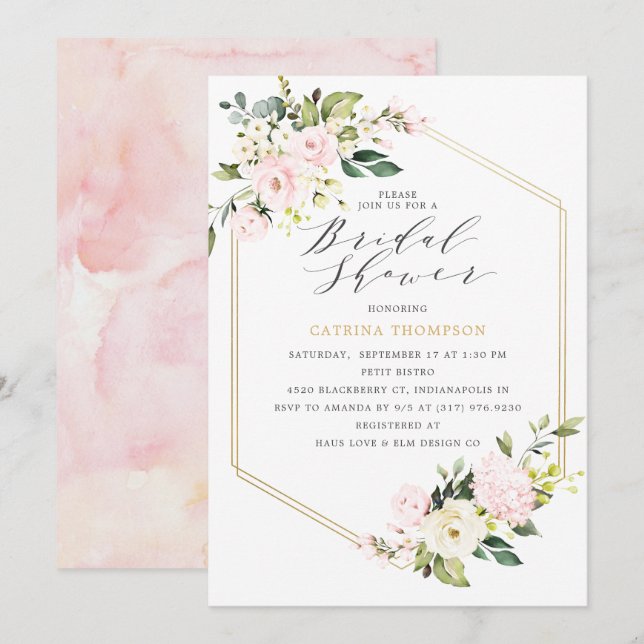 Invitation Fête des mariées florale Géométrique Or (Devant / Derrière)