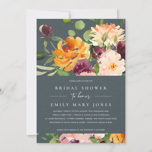 INVITATION FÊTE DES MARIÉES FLORALE GRIS BLEU JAUNE ORANGE (Devant)
