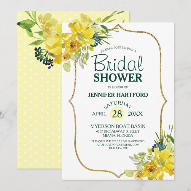 Invitation Fête des mariées florale jaune de printemps frais (Devant / Derrière)