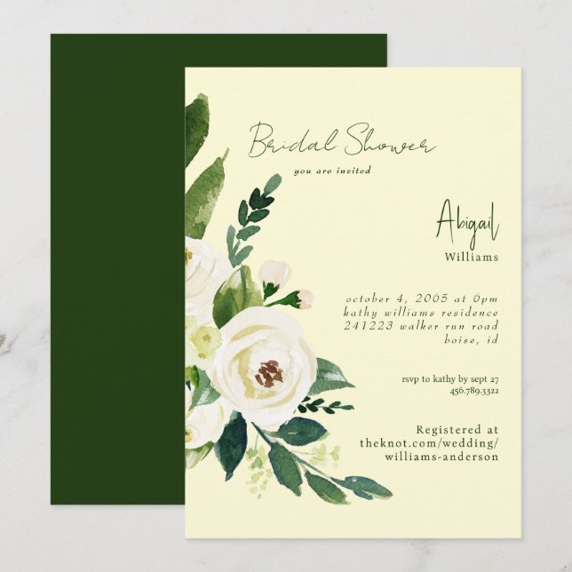 Invitation Fête des mariées florale jaune et vert blanc (Devant / Derrière)