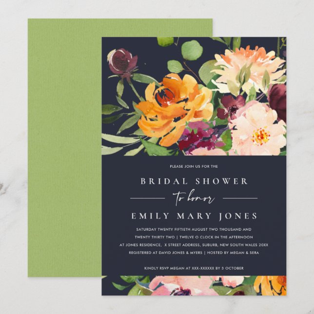 INVITATION FÊTE DES MARIÉES FLORALE MARINE BLUSH JAUNE ORANGE (Devant / Derrière)