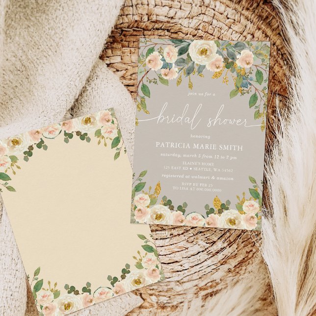 Invitation Fête des mariées florale moderne élégante à la bro (Modern Elegant Taupe Peach Floral Bridal Shower Invitation)