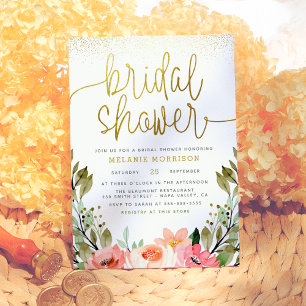 Invitation Fête des mariées florale moderne Gold Script