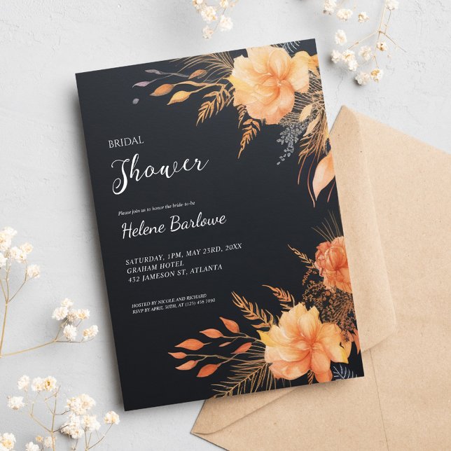Invitation Fête des mariées florale moderne noire (Black Modern Floral Bridal Shower Invitation)