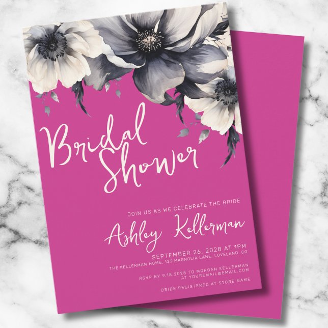 Invitation Fête des mariées florale moderne rose chaud (Magenta Pink Girly Elegant Floral Bridal Shower Invitation)