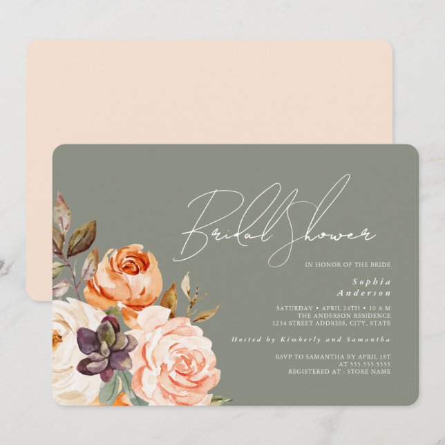 Invitation Fête des mariées florale moderne Sage Green Peach (Devant / Derrière)