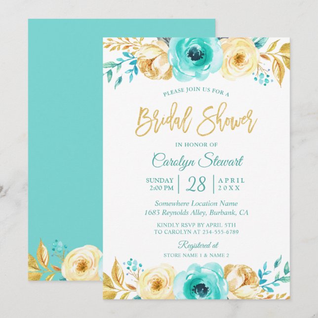 Invitation Fête des mariées florale moderne Tiffany Gold Bota (Devant / Derrière)