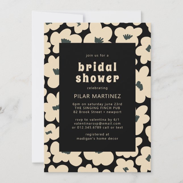 Invitation Fête des mariées florale noir noir Boho (Devant)