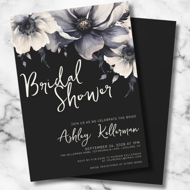Invitation Fête des mariées florale noire (Chic Elegant Floral Black White Bridal Shower Invitation)