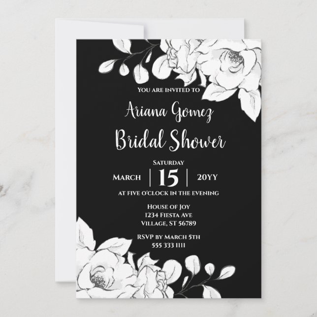 Invitation Fête des mariées Florale Noire Et Blanc Chic (Devant)