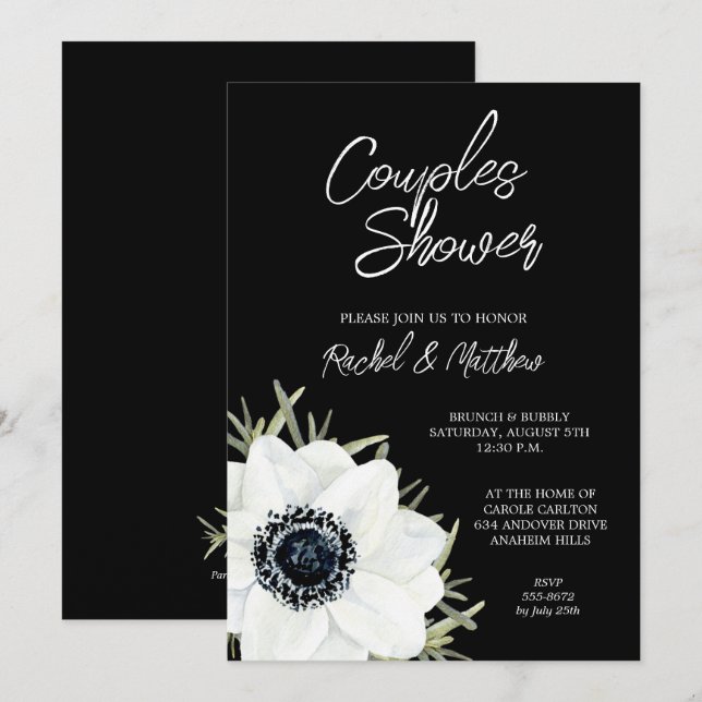 Invitation Fête des mariées florale noire et blanche (Devant / Derrière)