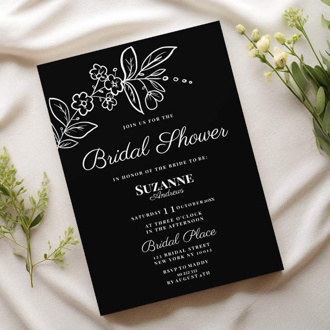 Invitation Fête des mariées florale noire simple et élégante (Simple elegant black white floral Bridal Shower )
