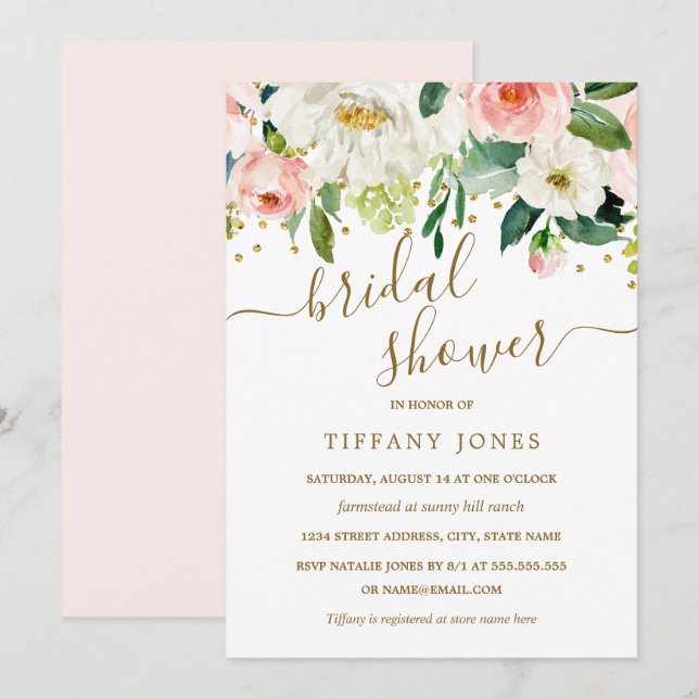 Invitation Fête des mariées florale Peach Pink Gold Confetti (Devant / Derrière)