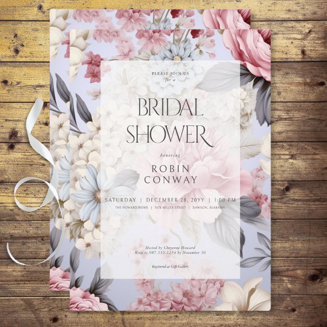 Invitation Fête des mariées florale romantique bleu rose et b (Romantic Blue Pink & White Floral Bridal Shower Invitation)