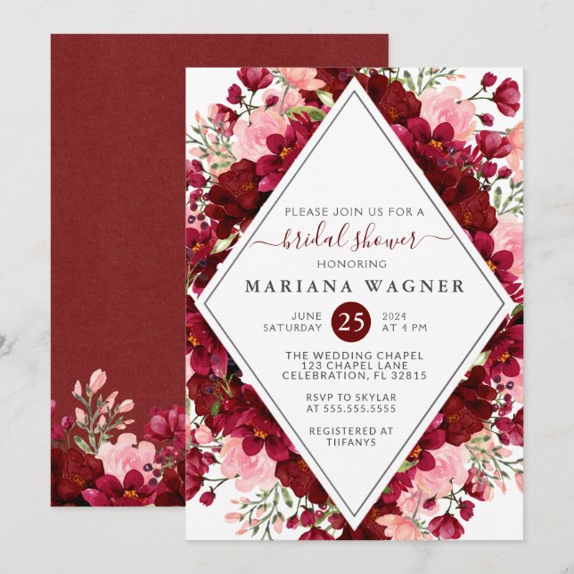 Invitation Fête des mariées florale rose de Bourgogne (Devant / Derrière)